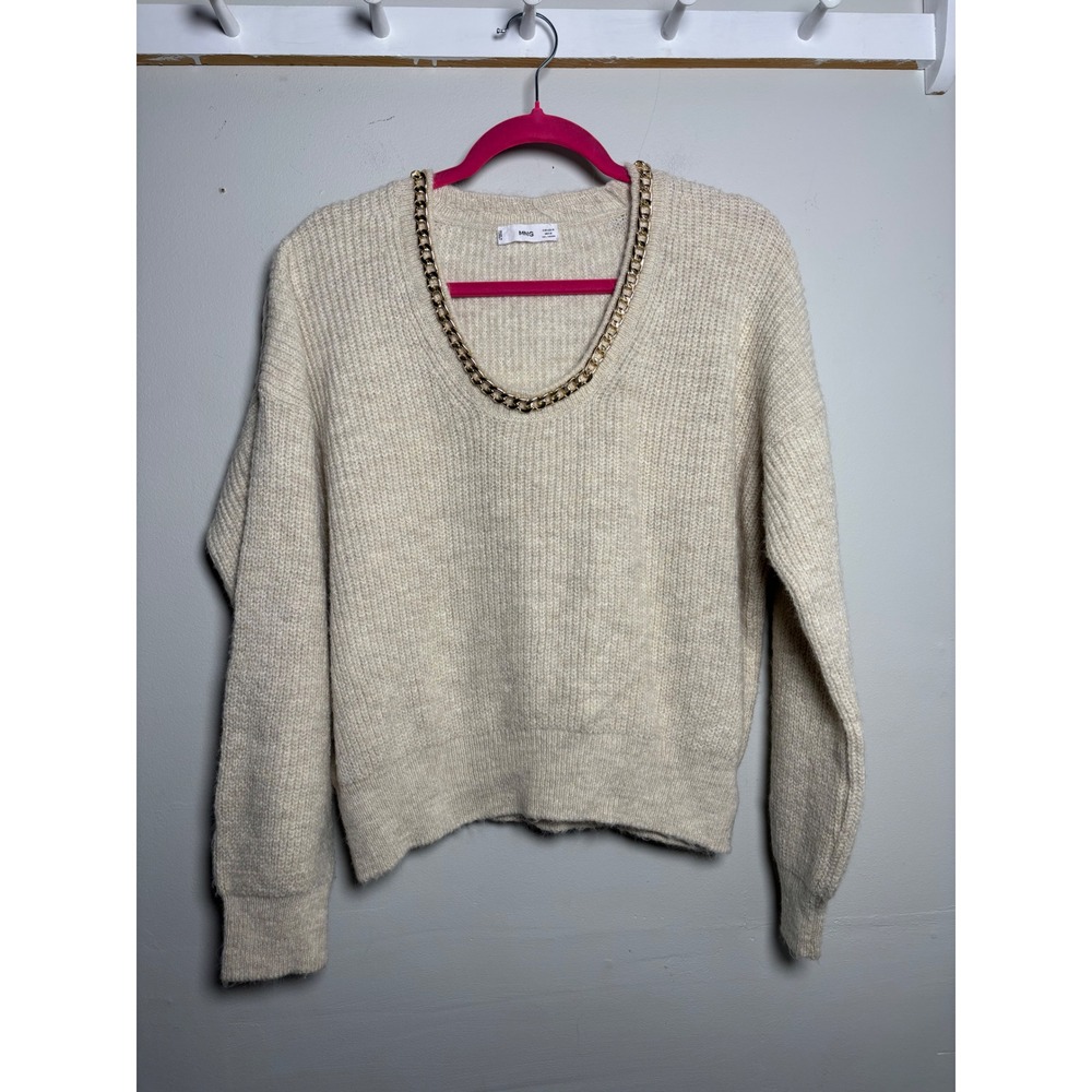 Mango MNG Cream Ribbed Sweater Womens Medium Gold Chain Neckline